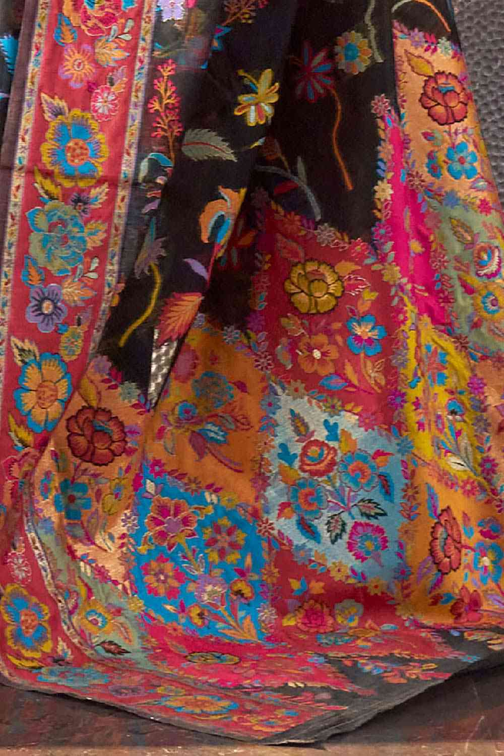 Buy Black Art Silk Botanical Design One Minute Saree Online - Side