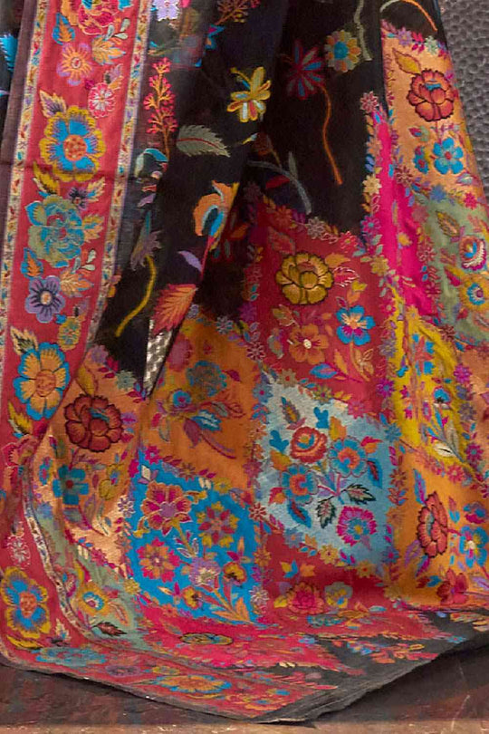 Buy Black Art Silk Botanical Design One Minute Saree Online - Side