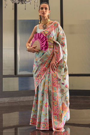Buy Blue Art Silk Botanical Design One Minute Saree Online