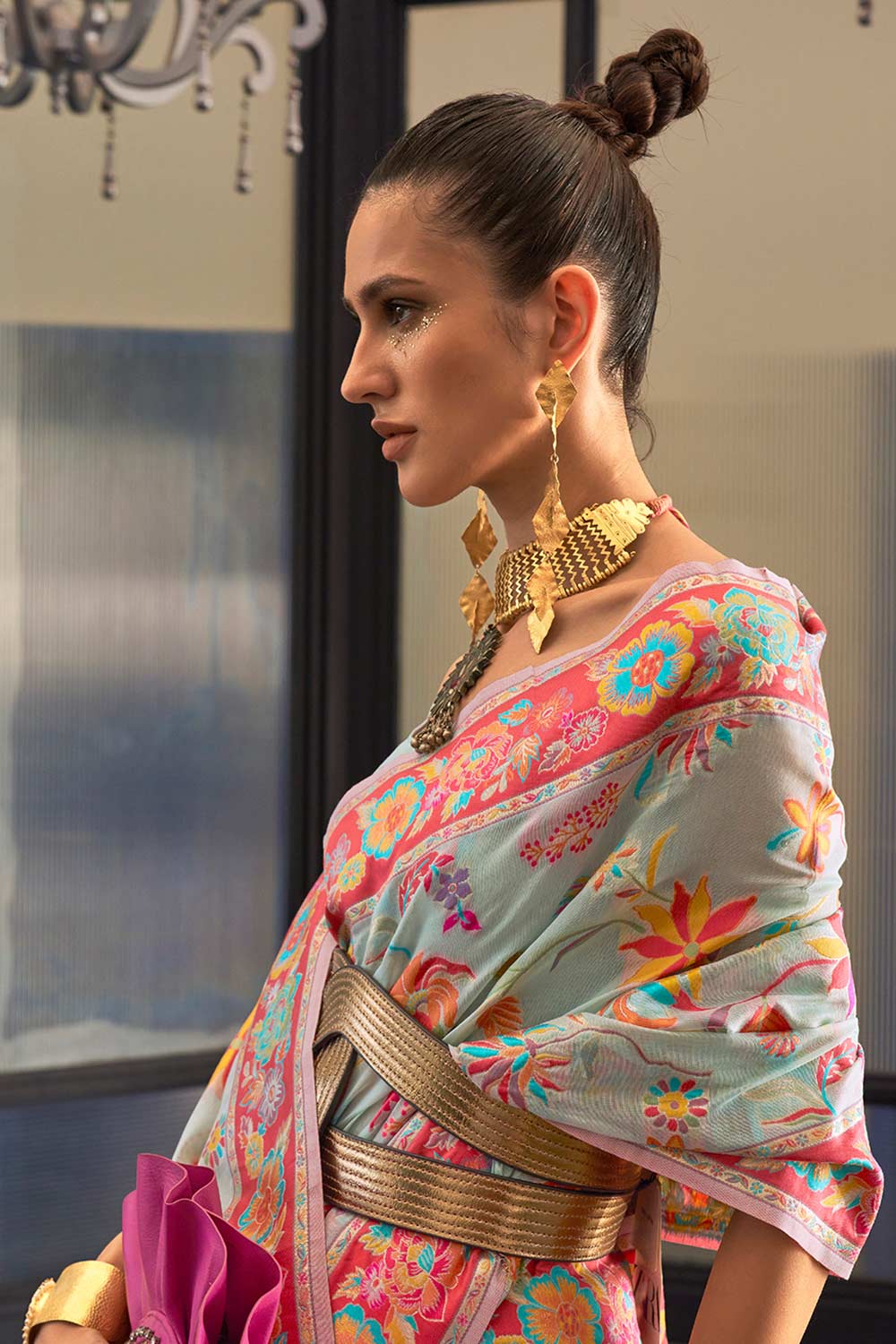 Buy Blue Art Silk Botanical Design One Minute Saree Online - Back