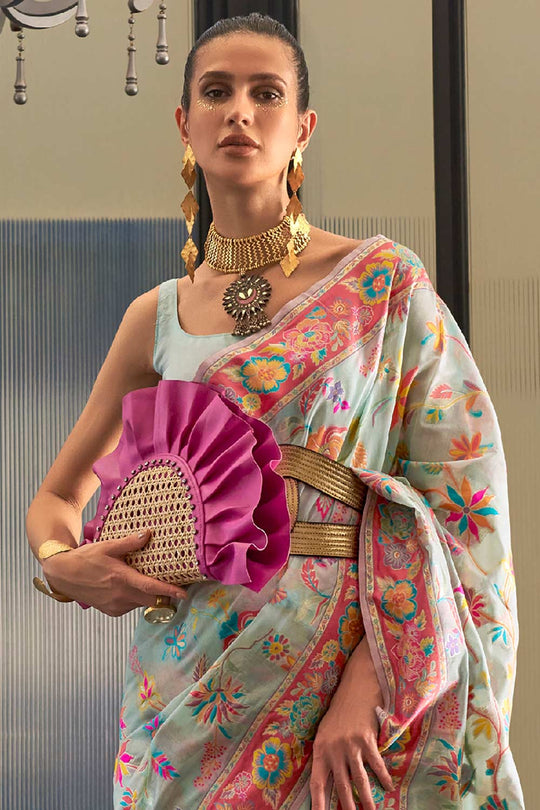 Buy Blue Art Silk Botanical Design One Minute Saree Online - Front