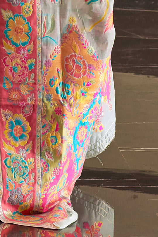 Buy Blue Art Silk Botanical Design One Minute Saree Online - Side