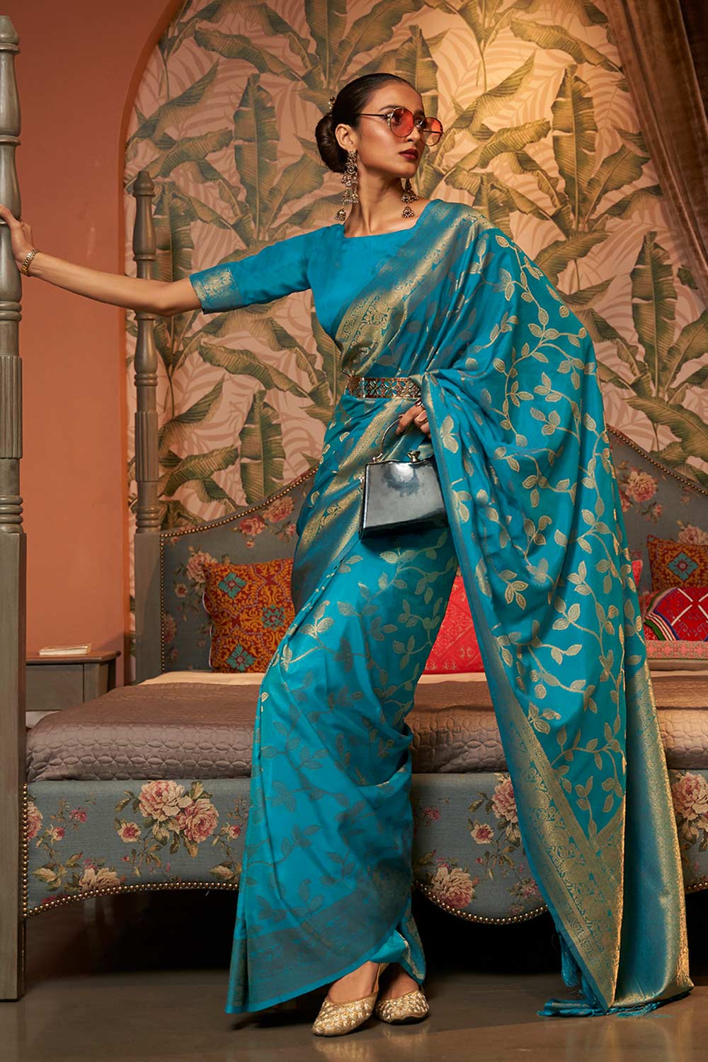 Buy Blue Art Silk Ethnic Motif Design One Minute Saree Online