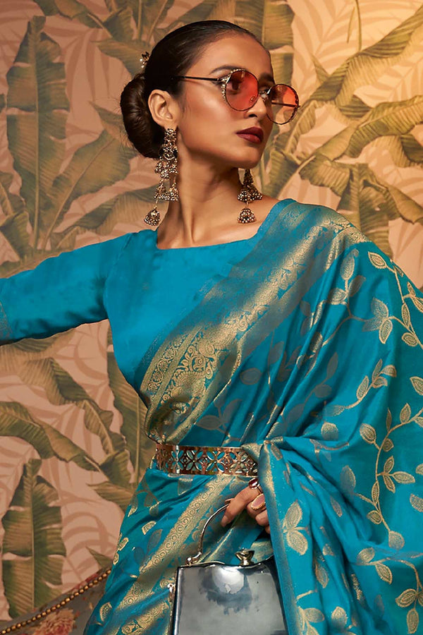 Buy Blue Art Silk Ethnic Motif Design One Minute Saree Online - Front