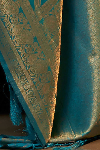 Buy Blue Art Silk Ethnic Motif Design One Minute Saree Online - Side