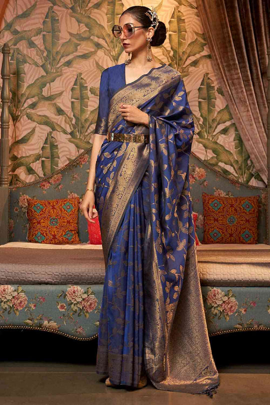 Buy Navy Blue Art Silk Ethnic Motif Design One Minute Saree Online