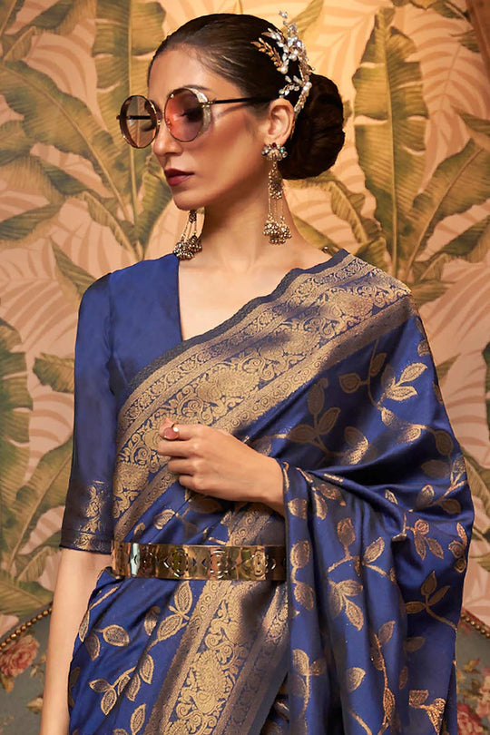 Buy Navy Blue Art Silk Ethnic Motif Design One Minute Saree Online - Back