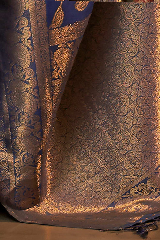 Buy Navy Blue Art Silk Ethnic Motif Design One Minute Saree Online - Side