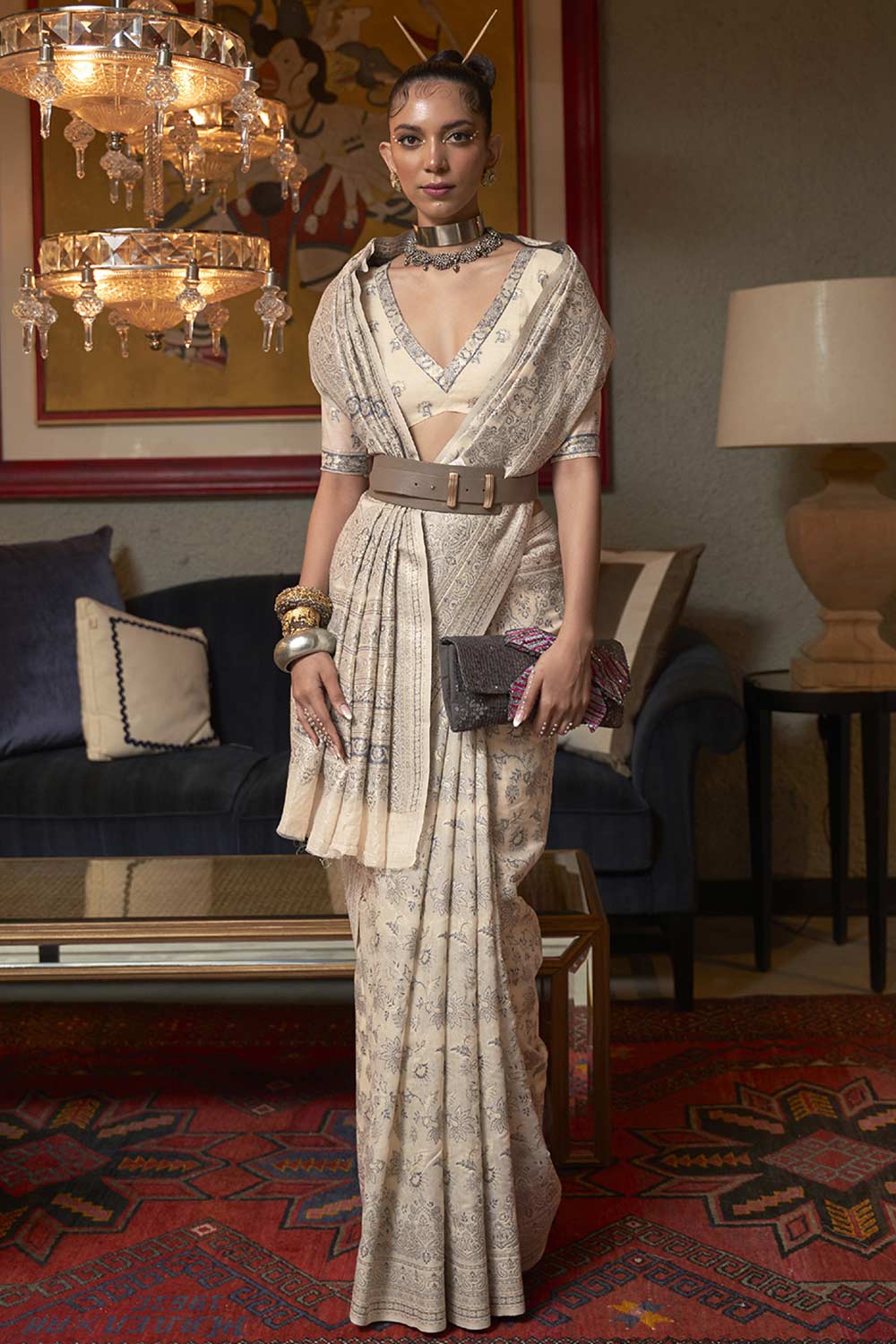 Buy Cream Art Silk Ethnic Motif Design One Minute Saree Online