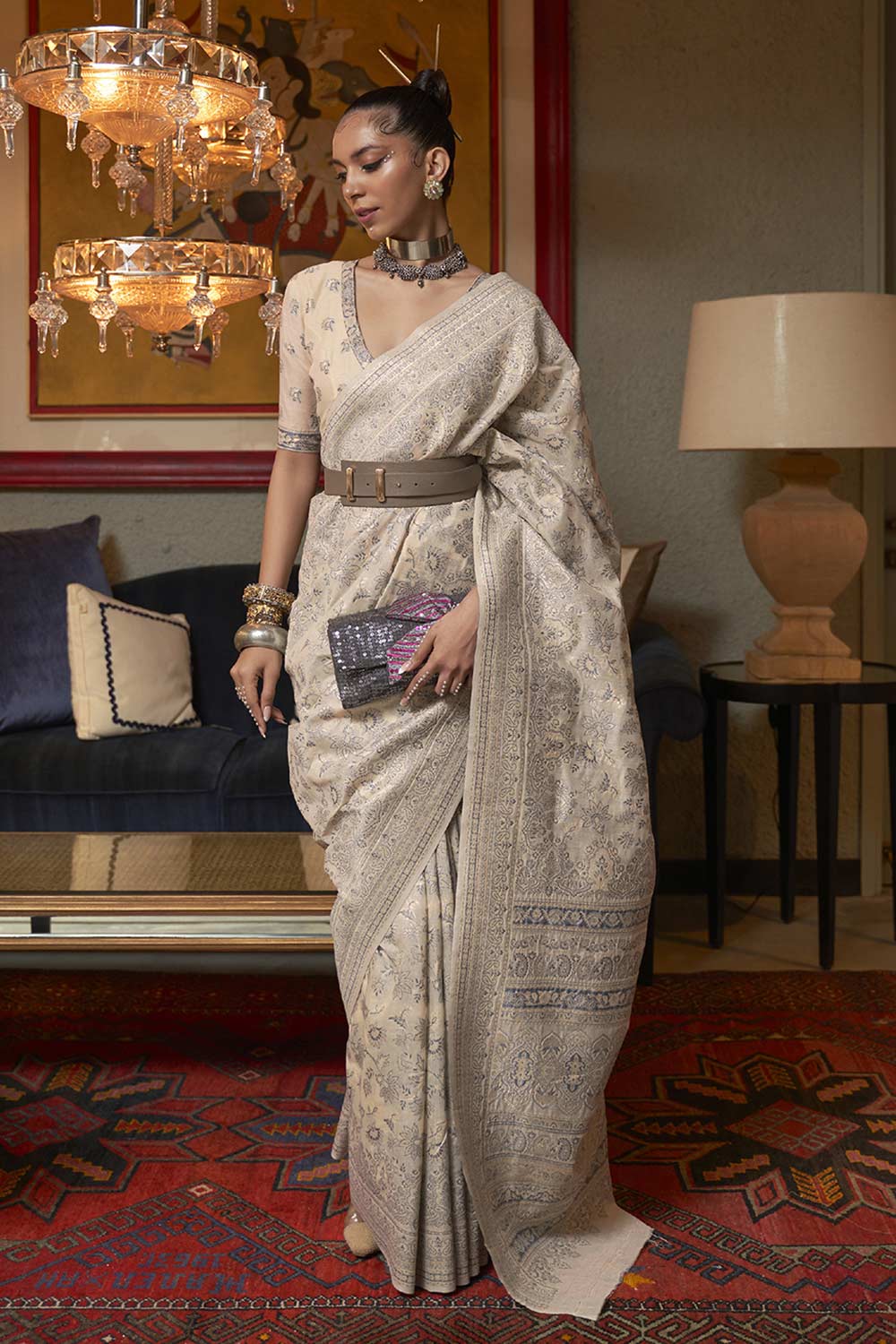 Buy Cream Art Silk Ethnic Motif Design One Minute Saree Online - Back