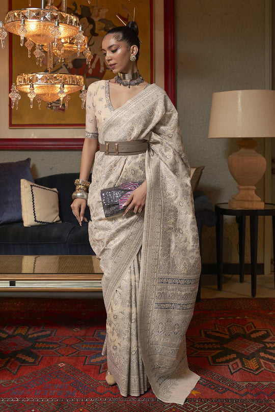 Buy Cream Art Silk Ethnic Motif Design One Minute Saree Online - Back