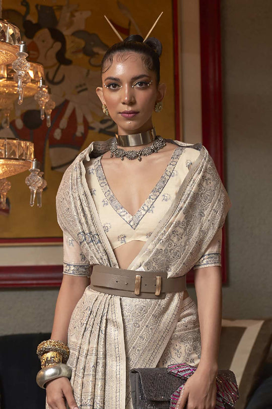 Buy Cream Art Silk Ethnic Motif Design One Minute Saree Online - Front