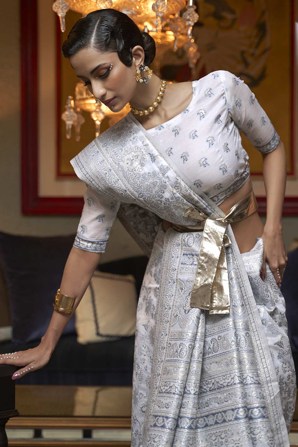 Buy Grey Art Silk Ethnic Motif Design One Minute Saree Online - Back