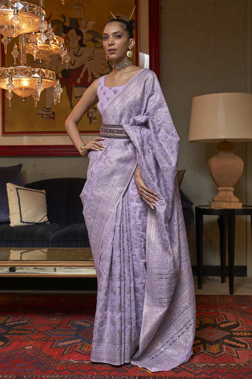 Buy Lavender Art Silk Ethnic Motif Design One Minute Saree Online