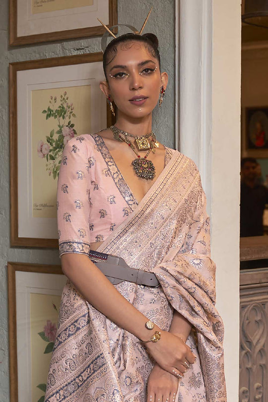 Buy Peach Art Silk Ethnic Motif Design One Minute Saree Online - Front