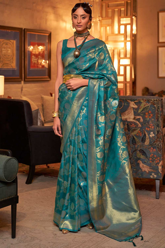 Tessa Blue Silk Blend Design Banarasi One Minute Saree