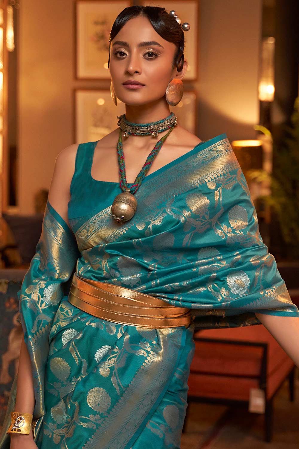 Tessa Blue Silk Blend Design Banarasi One Minute Saree