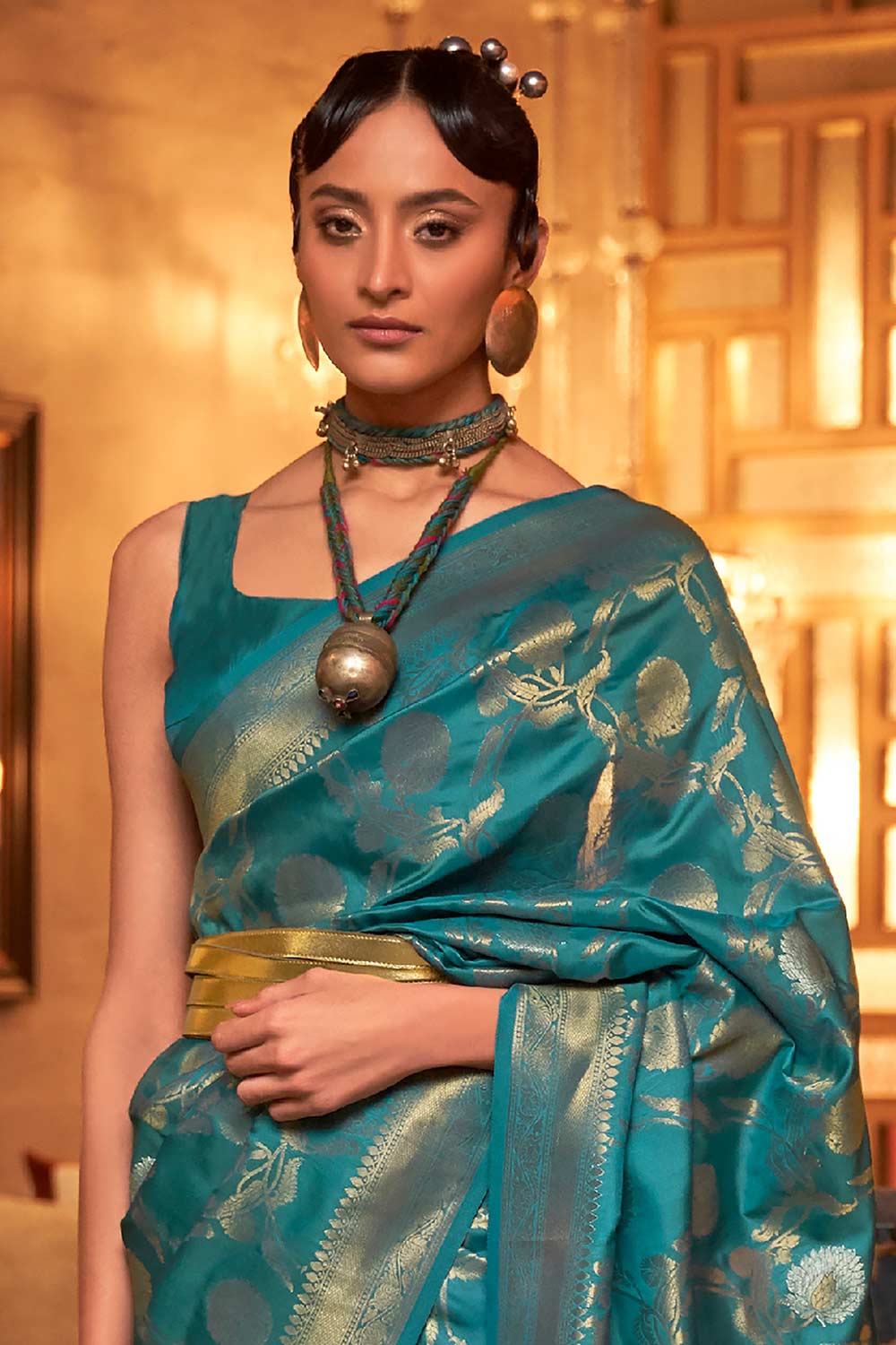 Tessa Blue Silk Blend Design Banarasi One Minute Saree