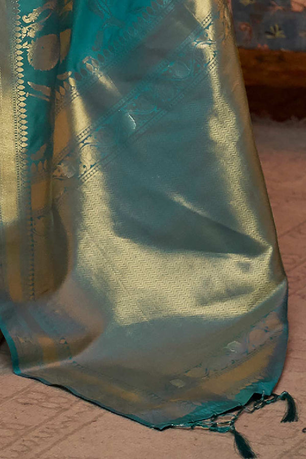 Tessa Blue Silk Blend Design Banarasi One Minute Saree