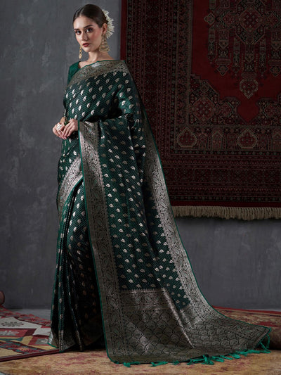 Priya Dark Green Silk Blend Banarasi Ethnic Motif Saree