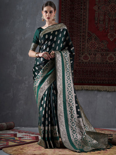 Tori Dark Green Silk Blend Banarasi One Minute Saree