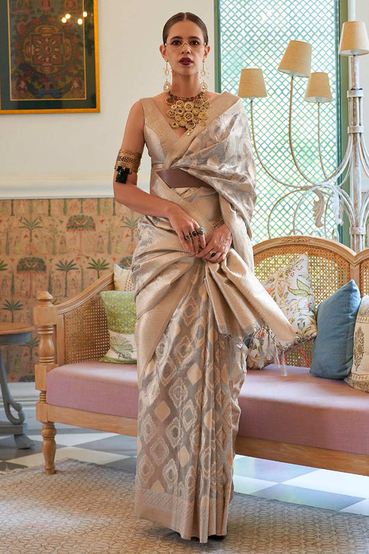 Buy Off White Tissue Geometric Design One Minute Saree Online