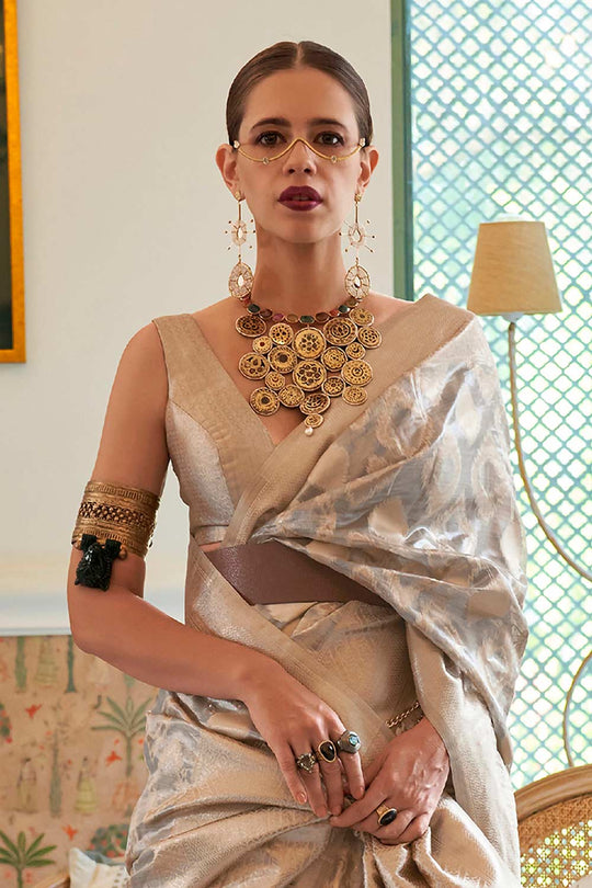 Buy Off White Tissue Geometric Design One Minute Saree Online - Zoom In