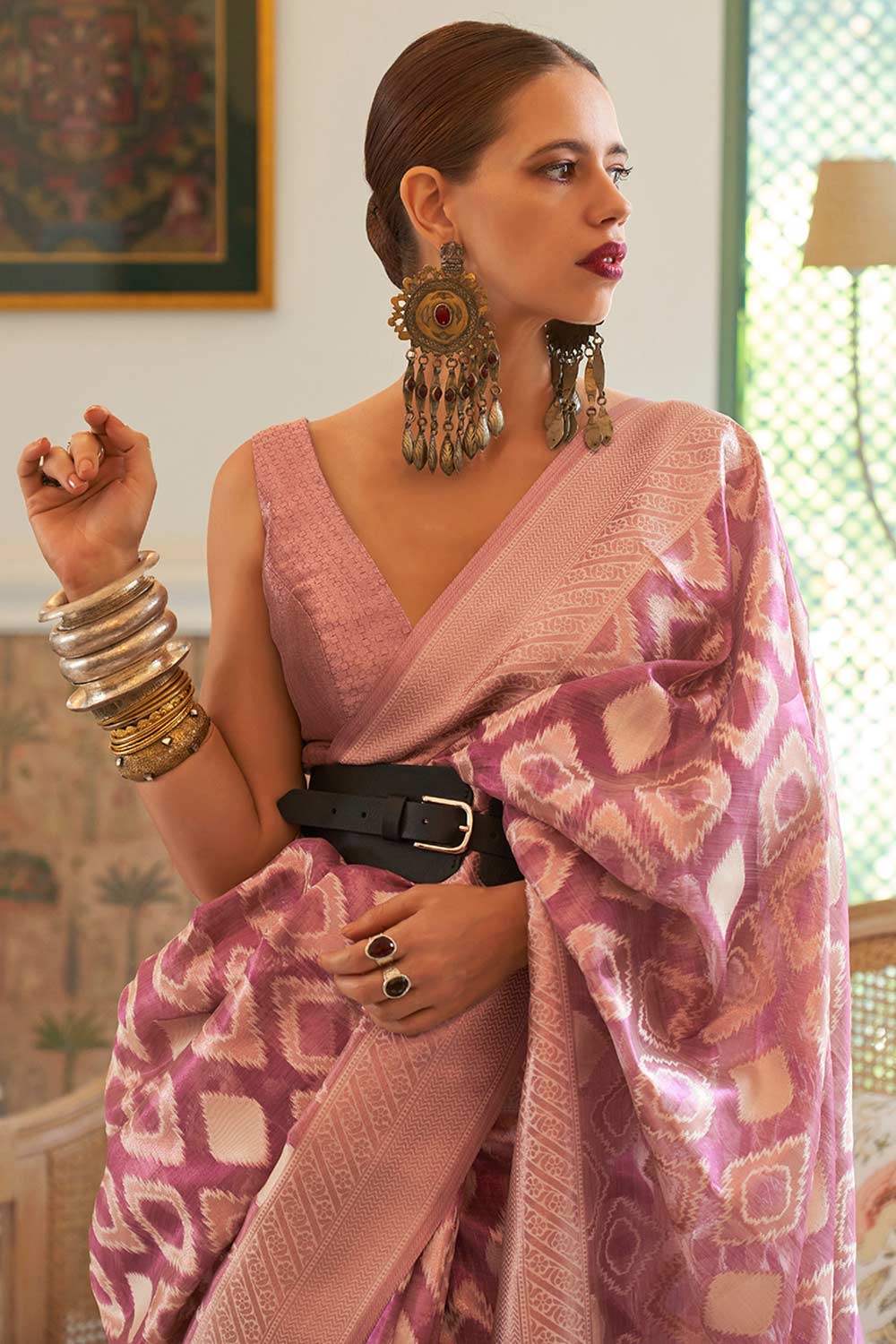 Buy Lavender Tissue Geometric Design One Minute Saree Online
