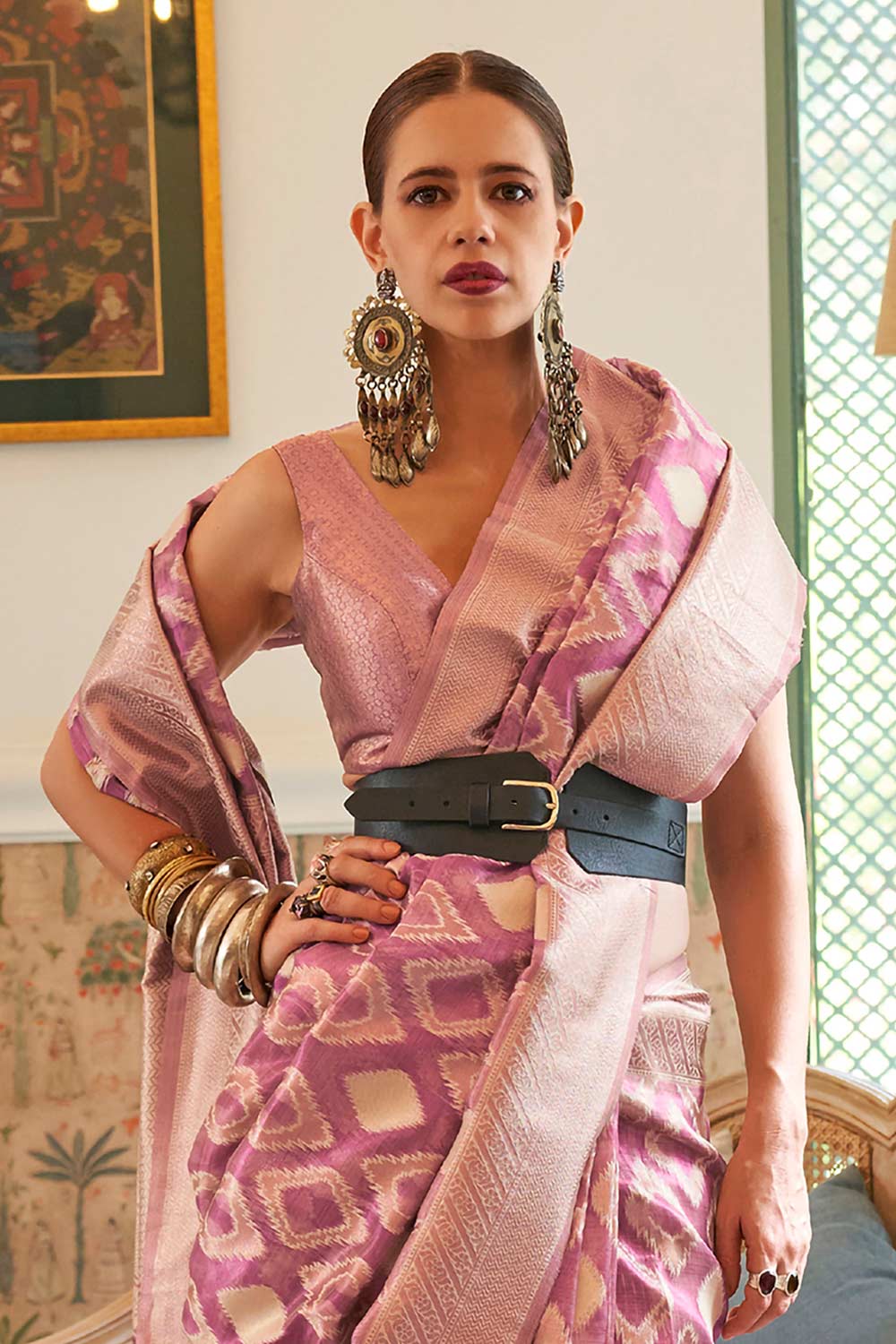 Buy Lavender Tissue Geometric Design One Minute Saree Online - Zoom In