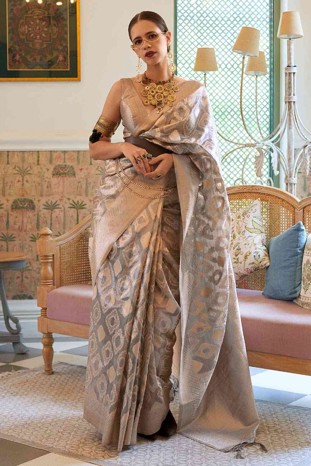 Buy Grey Tissue Geometric Design One Minute Saree Online