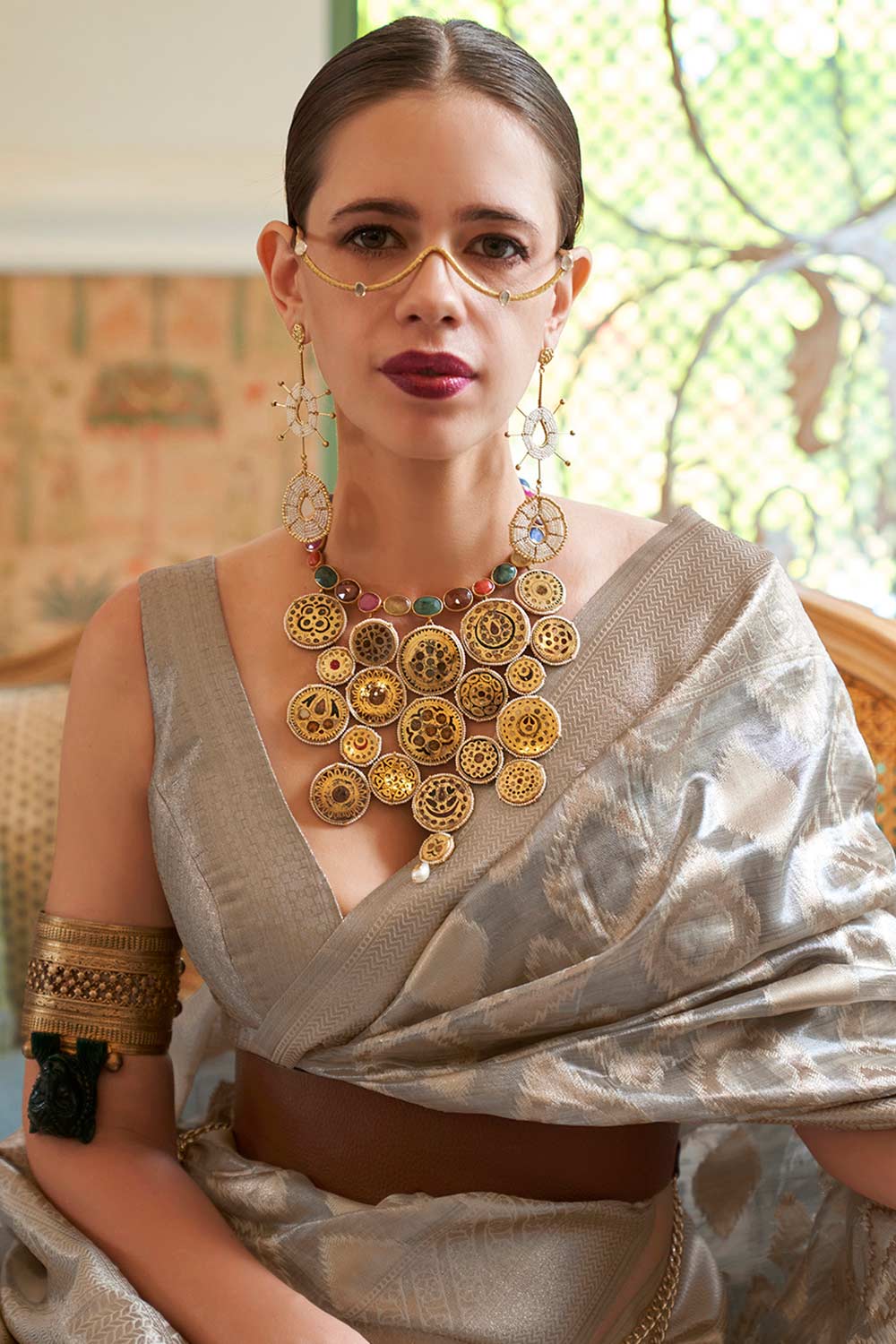 Buy Grey Tissue Geometric Design One Minute Saree Online