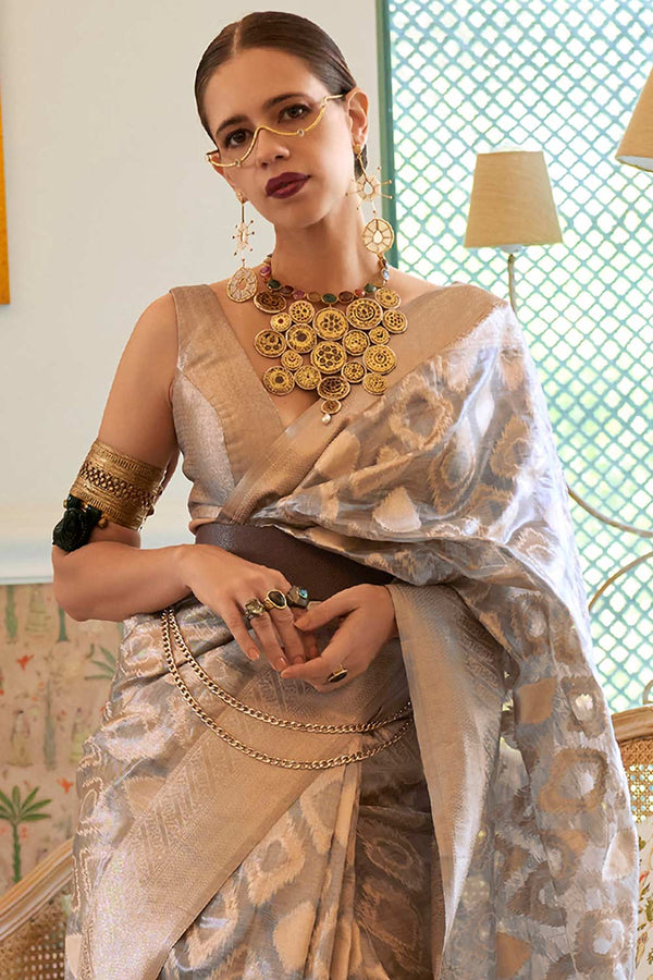 Buy Grey Tissue Geometric Design One Minute Saree Online - Front