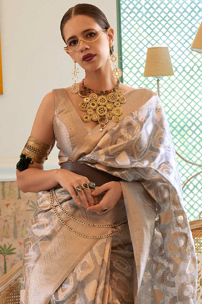 Buy Grey Tissue Geometric Design One Minute Saree Online - Front