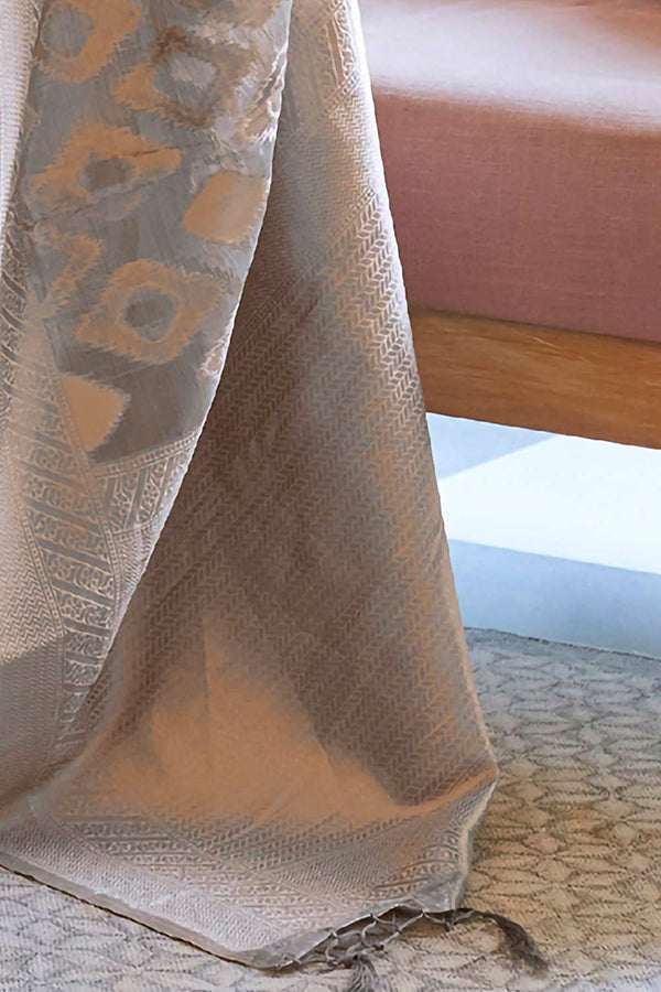 Buy Grey Tissue Geometric Design One Minute Saree Online - Side