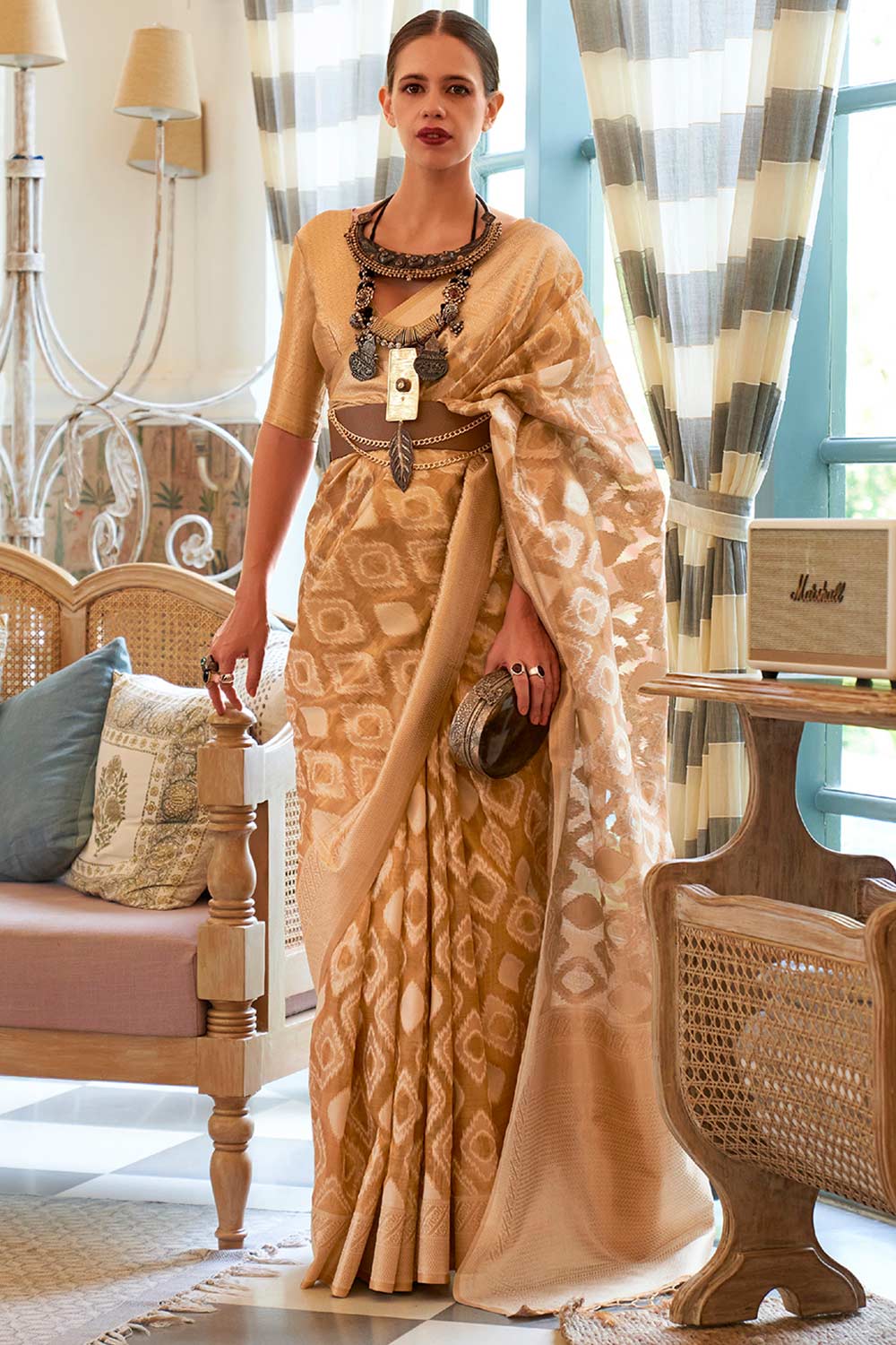 Buy Mustard Tissue Geometric Design One Minute Saree Online