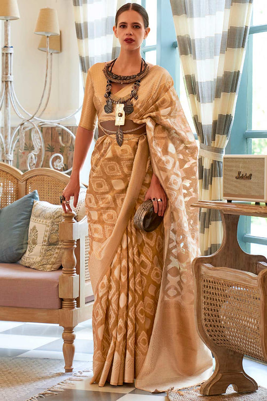 Buy Mustard Tissue Geometric Design One Minute Saree Online