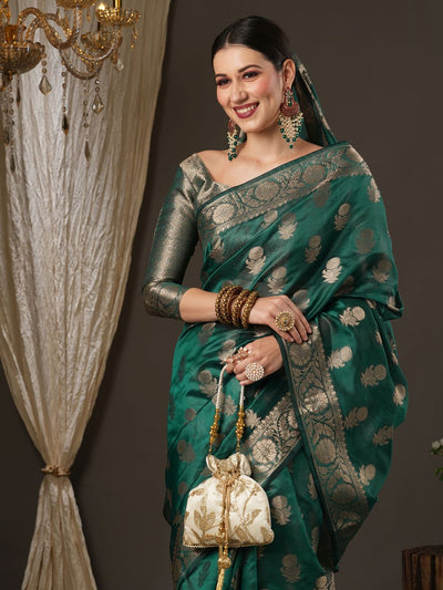 Mitra Green Organza Traditional Zari Floral One Minute Saree