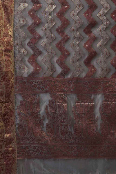 Suji Grey Silk Blend Geometric Woven Design Bagru One Minute Saree