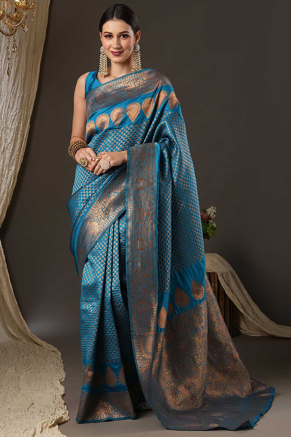 Trisha Blue Silk Blend Paisley Woven Design One Minute Saree