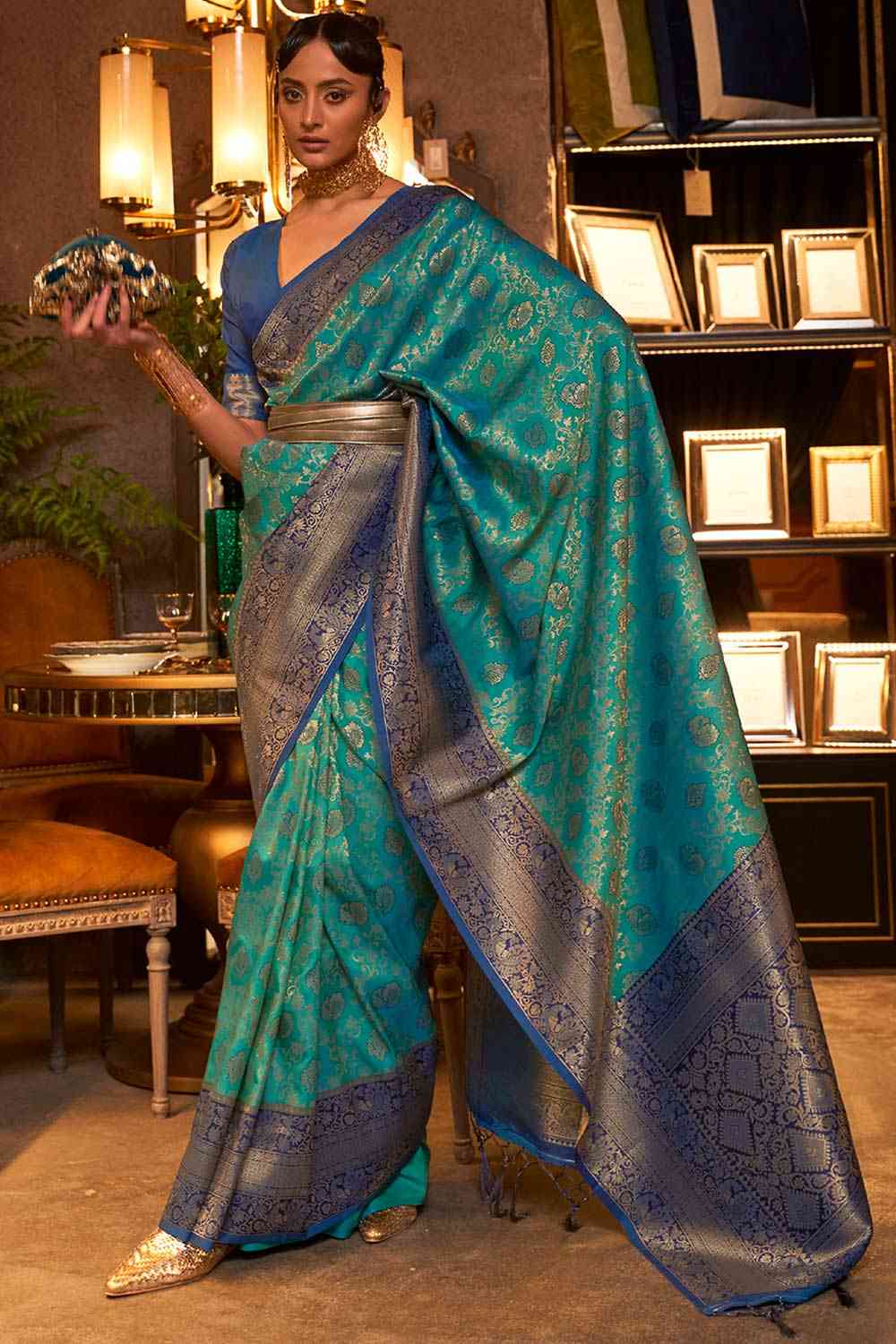 Buy Blue Art Silk Paisley Design One Minute Saree Online