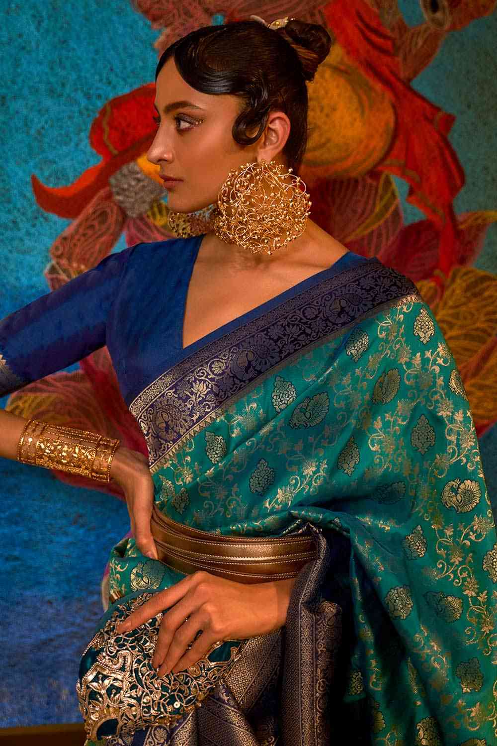 Buy Blue Art Silk Paisley Design One Minute Saree Online - Back