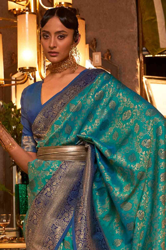 Buy Blue Art Silk Paisley Design One Minute Saree Online - Front