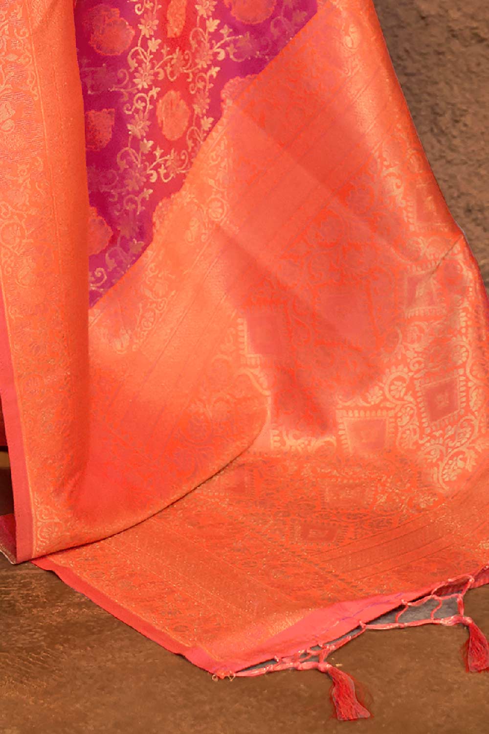 Ready to Wear Saree Urvi Orange & Magenta Dharmavaram Silk Paisley Saree