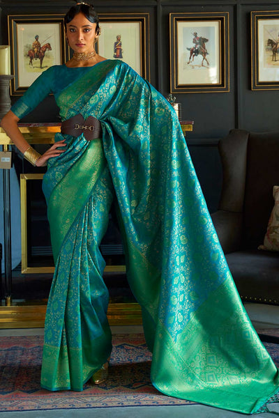 Katrina Green & Teal Blue Silk Blend Dharmavaram One Minute Saree