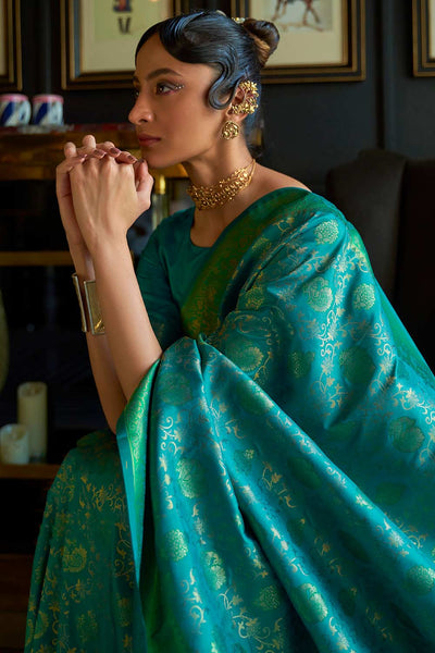 Katrina Green & Teal Blue Silk Blend Dharmavaram One Minute Saree