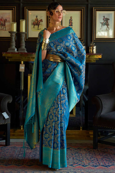 Nur Navy Blue Silk Blend Paisley Woven Design Dharmavaram One Minute Saree