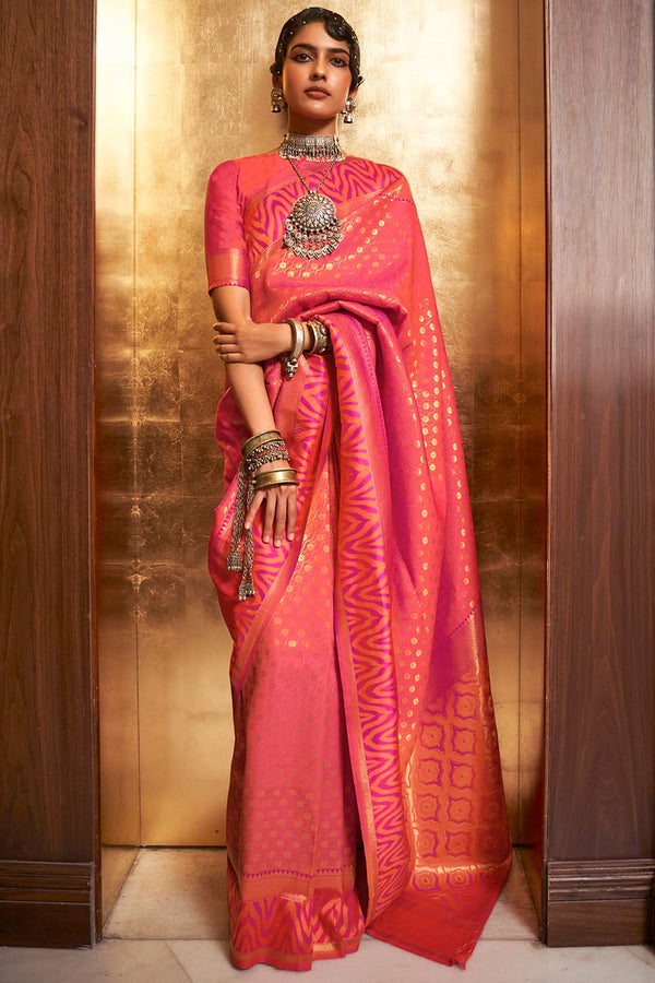 Shashi Peach Silk Blend Paisley Banarasi One Minute Saree
