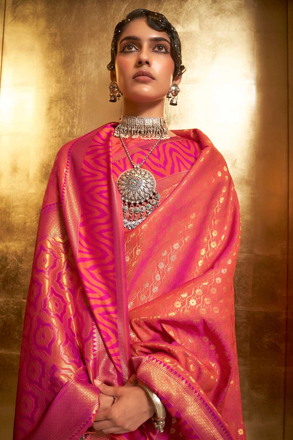 Shashi Peach Silk Paisley Ready to Wear One Minute Saree