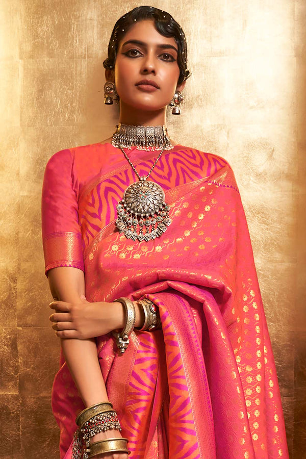 Shashi Peach Silk Blend Paisley Banarasi One Minute Saree
