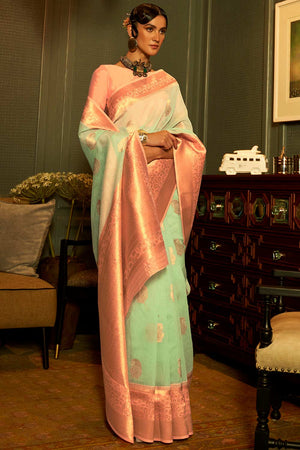 Lea Sea Green & Peach Pure Linen One Minute Saree